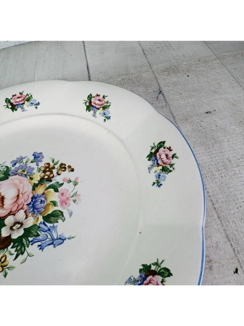 Vintage Tabletops Unlimited TAU71 Floral Blue Trim Oven Safe Dinner Plates Set 2